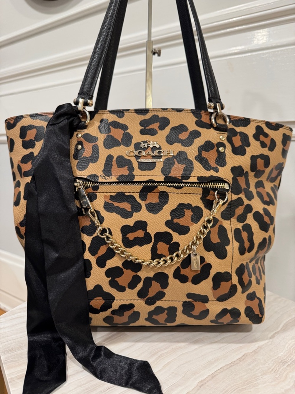 Coach Bag Leopard Ocelot Print Car Town Tote with Chain Detail - Picture 4 of 17